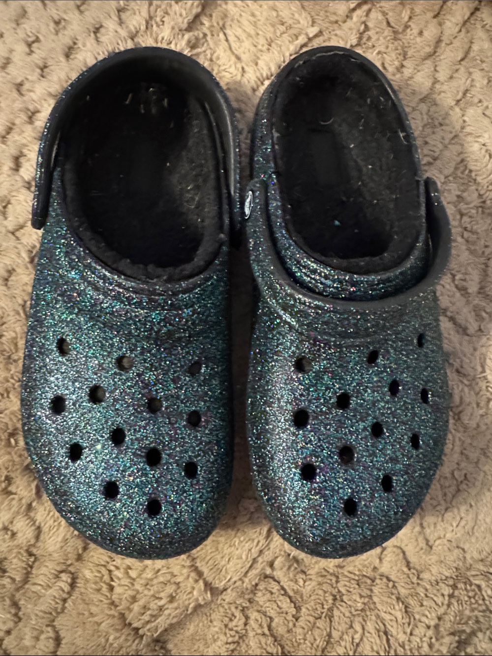 CROCS Glitter Sparkle Mules in Teal-Black Sheen